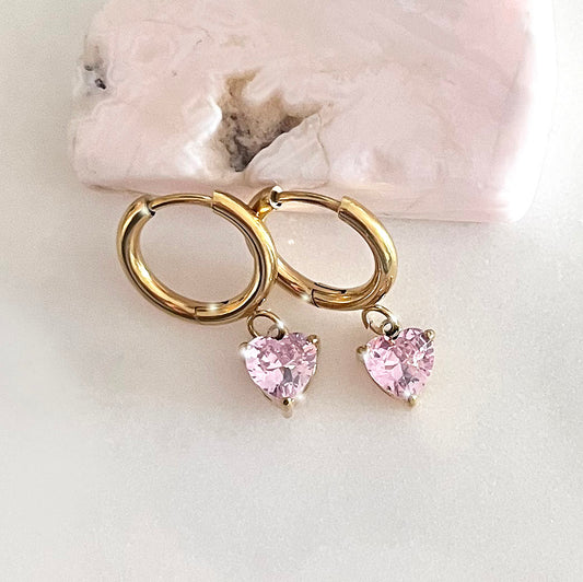 Zirconia Heart Hoop Earring - Pink